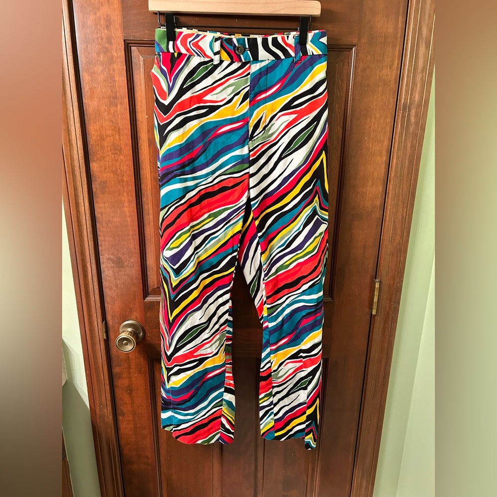 Loudmouth Golf pants with multicolored stripes. No size tag.